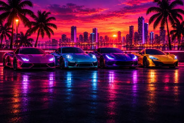 Neon-lit sports cars lined up at dusk