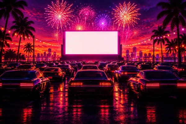 A drive-in cinema under fireworks