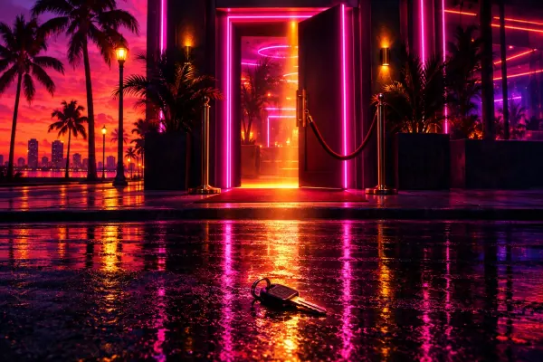 A neon doorway with a car key on wet pavement